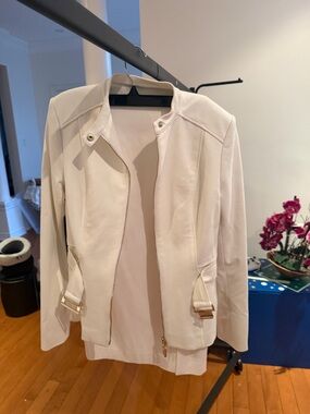 Marciano Cream Zip-Front Leather Jacket with Buckle Accents